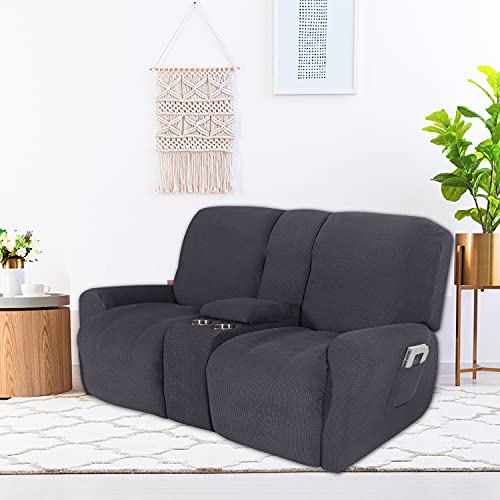 NILUOH Reclining Loveseat with Console Slipcover, 8-Piece Stretch Jacquard Recliner Cover 2 seat Loveseat Recliner Sofa Cover Non Slip Recliner Couch Cover with Storage Pocket (Dark Grey) - Thumbnail 2