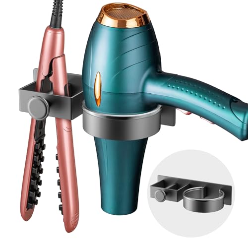 YUET Hair Dryer Holder Hairdryer Straightener Station Wall Mounted/Self Adhesive Spiral Shelf Bracket Stand Hanger Organizer Blow Storage With Cable Tidy Rack For Dyson Dressing Table Bathroom Grey