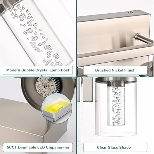 Image of 4-Light Modern Bathroom Light Fixtures Over Mirror,Brushed Nickel Led Vanity Lighting Fixtures with 5CCT Dimmable LEDs,Clear Glass Shades &Wall Sconces Lighting Design for Bedroom,Livingroom
