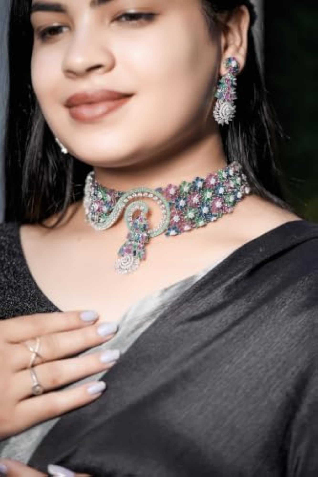 Luxury Peacock Inspired Multicolor Floral CZ Choker Necklace Set