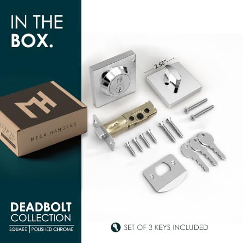 Image of Mega Handles - Prime Deadbolt I Entry Deadbolt Lock - Heavy Duty Square Locking Deadbolt for Left or Right-Handed Doors - Interior /Exterior - Polished Chrome