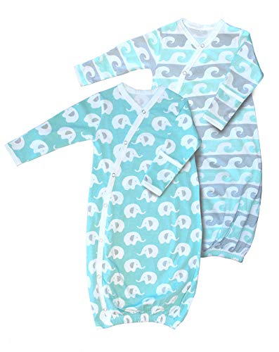 Cambria Baby Organic Mint Kimono Gowns. Side Snaps.Built in Mitts. 2 Pk.3-6