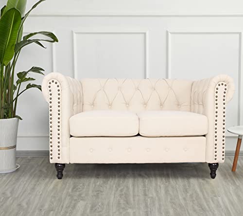 Hybition Velvet Loveseat Traditional Sofa Chesterfield Couch With Rivet Decoration & Wooden Legs For Living Room - Cream #TOP1
