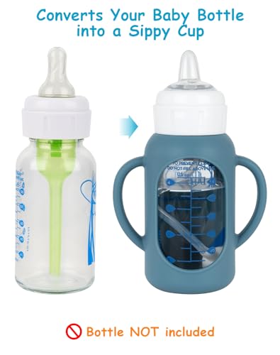 Image of Sippy Cup Conversion Kit with Silicone Sleeves for Dr Browns Narrow and Narrow Glass Baby Bottle 4oz, Weighted Straw Replacement Kit with Soft Straw Top and Handle,2-Pack，6m+