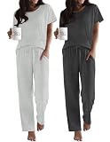 Ekouaer 2 Pack Pajamas for Women Set Short Sleeve Sleepwear Top and Pants Pjs Soft Printed Lounge Sets with Pockets Grey Striped/Deep Grey Medium