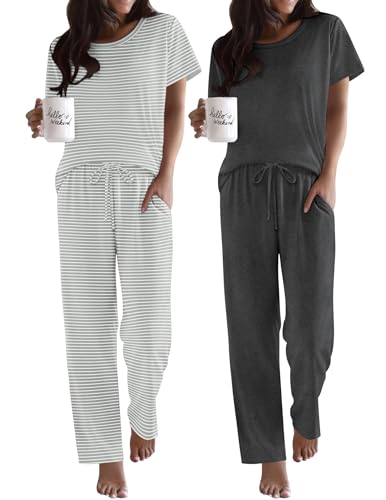 Ekouaer 2 Pack Pajamas for Women Set Short Sleeve Sleepwear Top and Pants Pjs Soft Printed Lounge...