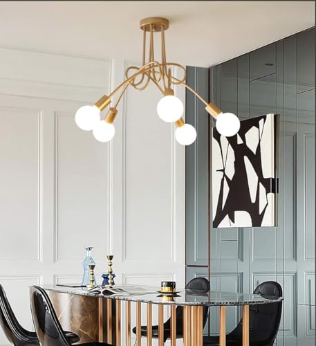 Ganeed Semi Flush Mount Ceiling Light, Modern Gold Sputnik Chandelier,Industrial Ceiling Lamp Fixture 5-light,Gold (E27 Bulbs are NOT Included)