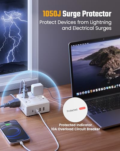 undefined 10Ft Extension Cord with Multiple Outlets, Flat Plug Surge Protector Power Strip 10 Ft Long Cord, 8 Outlets & 4 USB Ports (2 USB C), Desk Charging Station for Home Office, College Dorm Room Essentials の商品画像 5