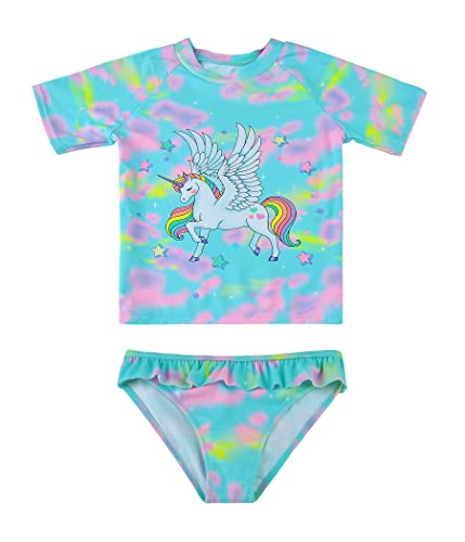 POWER FLOWER Traje de baño de niñas Manga Corta de Dos Piezas con Volantes Traje de baño Tankini Rash Guard (10-12 Years, LA524-Green)