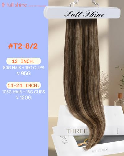 Image of Full Shine Human Hair Clip in Extensions Double Weft | Clip Hair Extensions Real Human Hair, Balayage Dark Brown to Ash Brown, Remy Hair, Straight Hair, 20 Inch 7 Pcs 120g