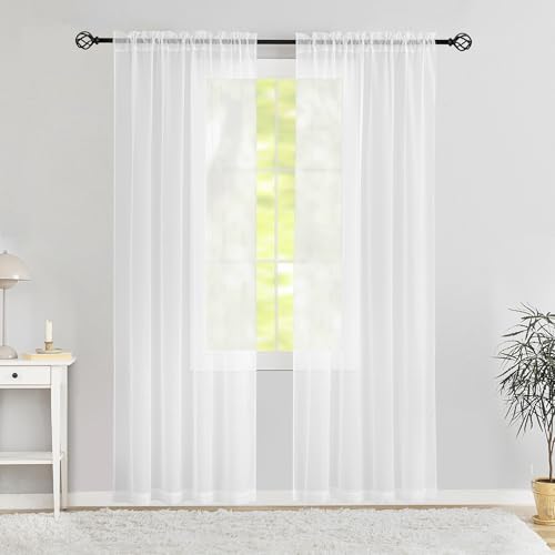 Karseteli Semi Voile White Sheer Curtains 84 Inches Long 2 Panels Rod Pocket Window Treatment for Living Room Bedroom Dining Room(White 42