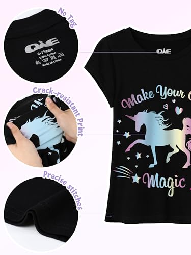 Image of QWE 5 Pack Girls Shirts Cotton Short Sleeve Shirts for Girls Graphic Kids Tops Tees Clothes Summer T-Shirts 5-12Y