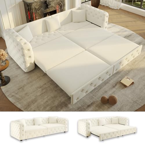 LuxyHoom 89'' Velvet Chesterfield Sleeper Sofa, King Couch Bed, Cream Beige