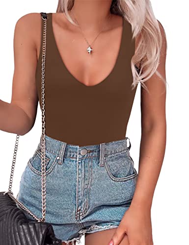 SAUNGKUAI Womens Bodysuit Sexy Plunge Deep V Neck Backless Sleeveless Tank Thong Body Suits Outfits for Going Out