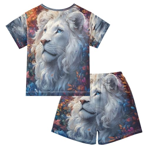 ALAZA Lion Flower Leaf Blossom Pajamas Set Short Sleeve Cotton Sleepwear Summer Pjs 2 Piece 5-14Y2