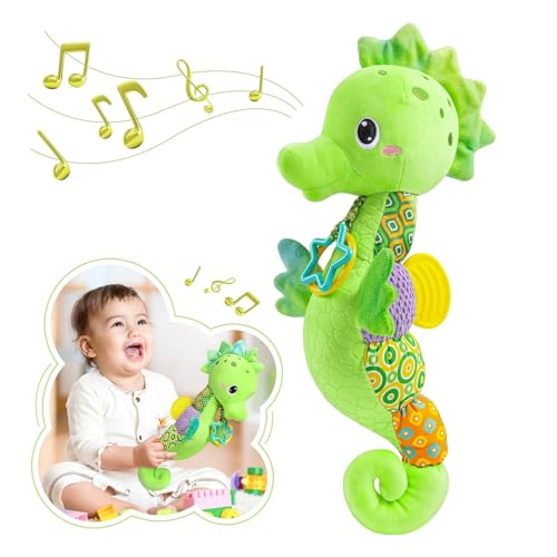 Image of Awotoy Baby Toys 0 to 12 Months, Musical Stuffed Animal Activity Soft Toys with Multi-Sensory Crinkle, Rattle and Textures, Infant Tummy Time Toys for Newborn Boys Girls, Seahorse, Green