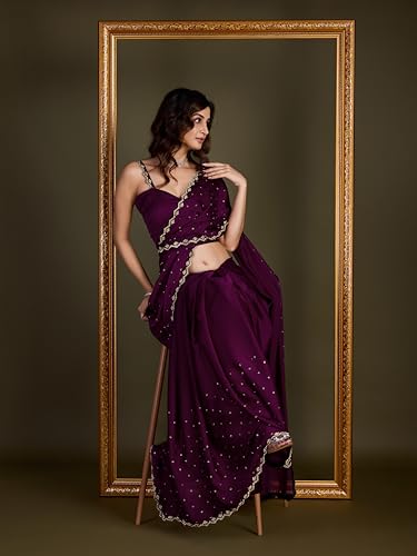 Image of TRENDMALLS Women's Satin Silk Siroski Zarkan Work Saree with Unstitch Blouse Piece
