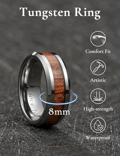 Image of King Will Nature Koa Wood Inlay Tungsten Carbide Wedding Ring 8mm Silver /Black /Gold /Green /Rose Gold /Blue Wedding Band for Men High Polished Anniversary Rings Comfort Fit Size 6-15