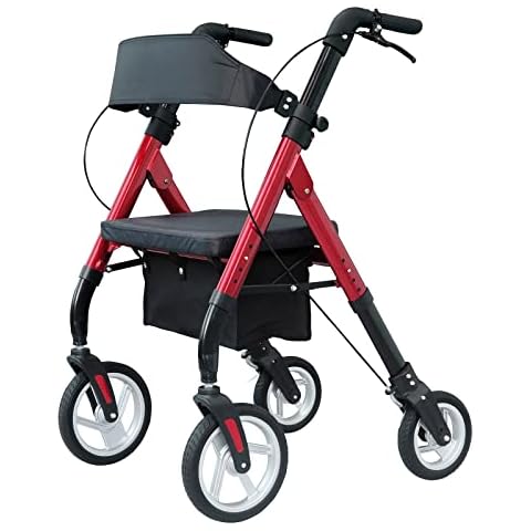 WINLOVE Heavy Duty Rollator Walker for Seniors- Super Easy Folding Bariatric Walker with 10" Big Front Wheels- Rolling Mobility Walking Aid for Adult Elderly, Aluminum Frame, Red Cover