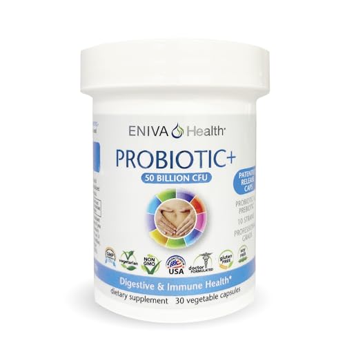 Eniva Health Probiotic with Prebiotic 10 Strains | 50 Billion CFUs Per Capsule | 30 Capsules Per Bottle | Doctor Formulated | Patented Release Capsules | No fillers