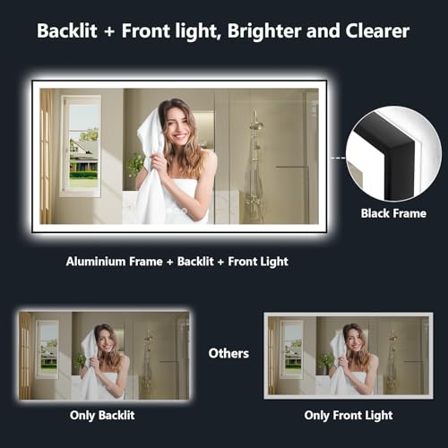 Image of 60x40 Inch LED Bathroom Mirror with Lights (Front Lit and Backlit) Black Framed Lighted Vanity Mirror for Bathroom Wall Dimmable Anti-Fog Memory Tempered Glass Horizontal /Vertical