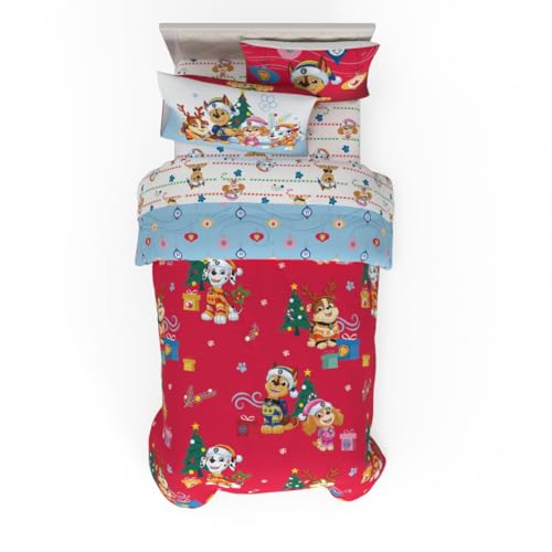 Paw Patrol Holiday & Christmas - Juego de edredón Suave y sábanas con Funda, 5 Piezas tamaño Individual (Producto con Licencia Oficial) Franco