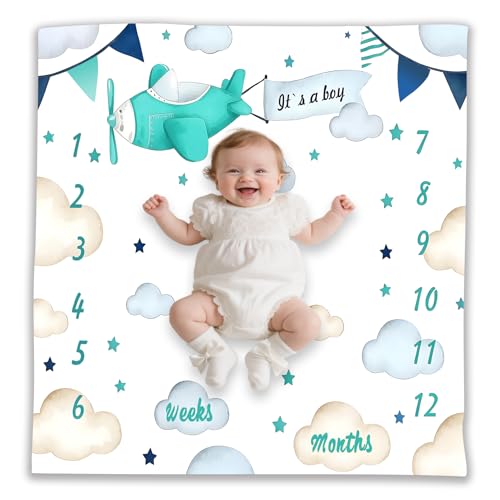 Image of Airplane Theme Baby Monthly Milestone Blanket for Boys, Soft Flannel Aircraft Pilot Cloud Stars Pattern Photography Prop Baby Shower Age Newborn Mom Gifts Nursery Decor (Turquoise, 48x48in)