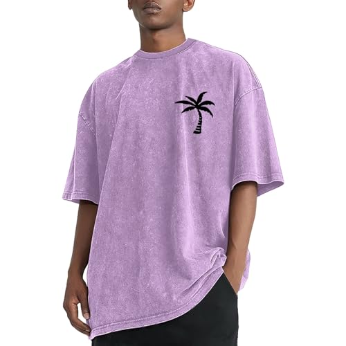 Image of Cotton Shirts for Men UK Short Sleeve Casual Printed Vintage Washed Summer Shirt Crew Neck Regular Fit Stylish Lightweight Breathable Tshirts Work Out Sport Running Tshirt Tees T-Shirt Purple