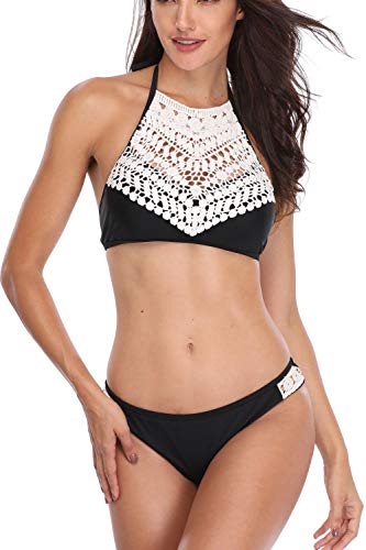 Memory baby Womens Two Pieces Bathing Suit High Neck Swimsuit Bnikini Set Padding Swimwear (S, Black)