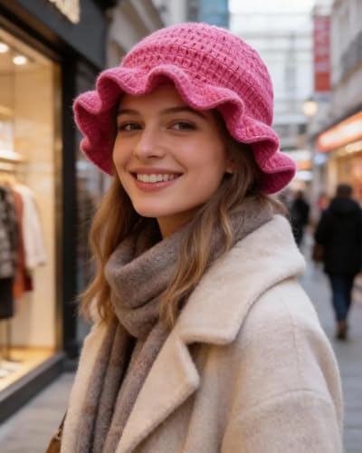 Image of Women Crochet Bucket Hat Cute Winter Ruffled Brim Floppy Cap Handmade Knit Cloche Hats