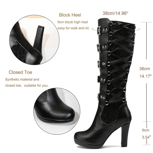 Women Lace Goth Knee High Boots Buckle Block Heel Lace Up Knee Boots Punk Platform Back Zipper Riding Combat Bootie4