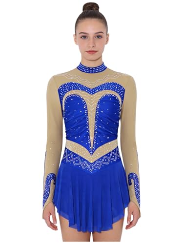 ranrann Robe Patinage Artistique Femme Justaucorps Manches Longues Strass Tenue Danse sur Glace Costume Patinage Dancewear Bleu XL