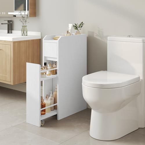Miniatura 2 de Hoobro Armario Para Baño Ultrafino, Con 2 Cajones De Deslizamiento Suave Y Dispositivo De Fijación, Mueble Estrecho De Almacenaje De Baño, Para Lavadero, 18 X 40 X 70 Cm, Blanco Eww11bc01