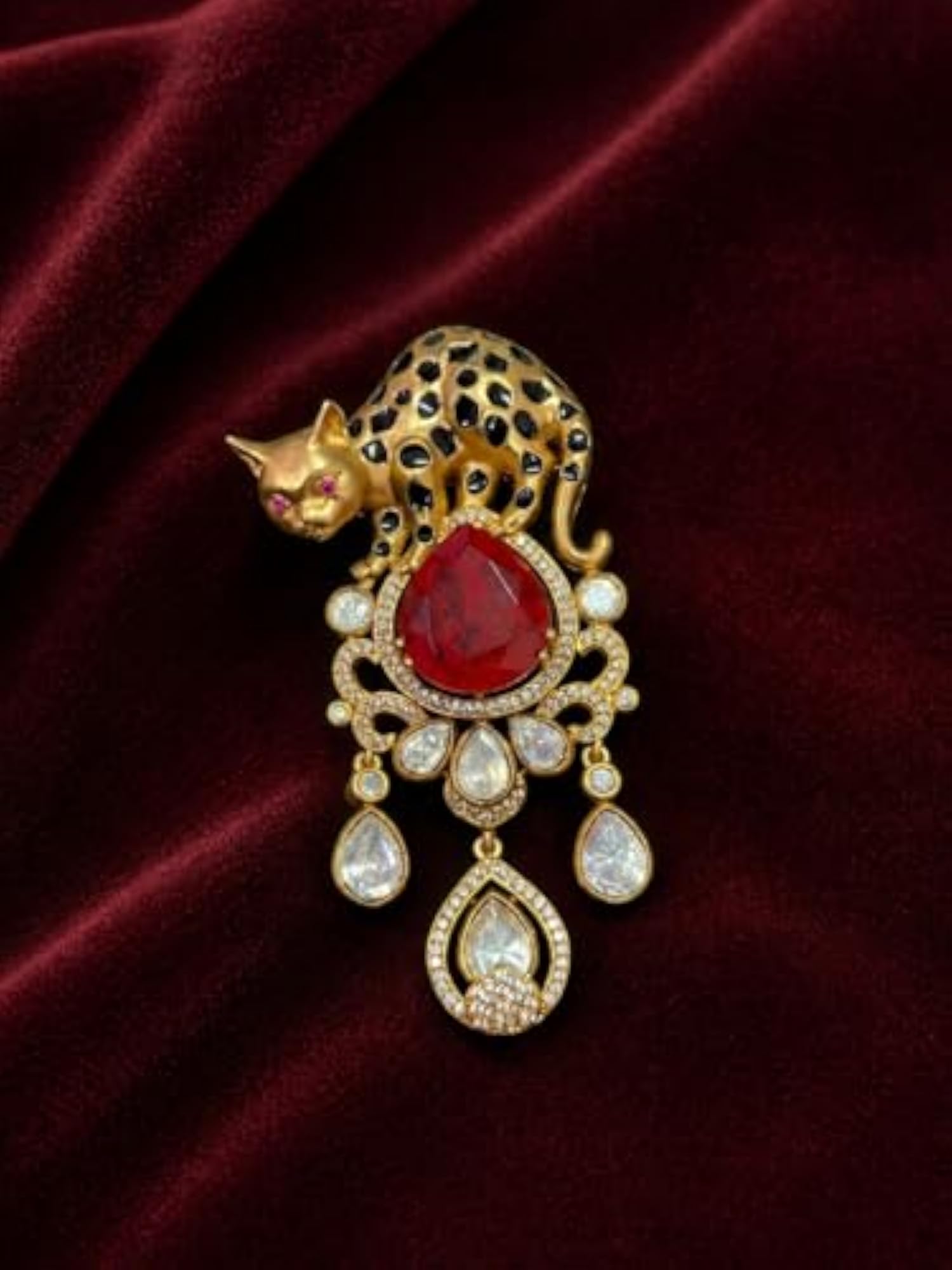 Designer Gold Plating Cat Shape Red Stone Brooch, Unisex