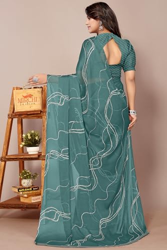 Image of MIRCHI FASHION Saree for Woman Chiffon Georgette Geometric Printed | Lightweight Farewell and Women's Office Sari with Blouse Piece