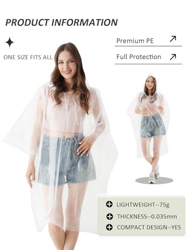 AceFly Disposable Rain Ponchos for Adults 5 Pack-Clear Emergency Waterproof Ponchos with Drawstring Hood2