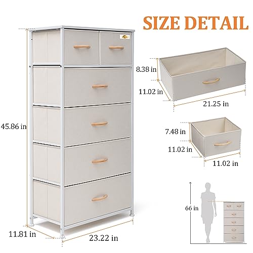 Image of Fabric Dresser for Bedroom, Tall Skinny Dresser with 6 Drawers, Storage Organizer Tower, Steel Frame Wooden Top for Closet, Living Room, Hallway(Beige)