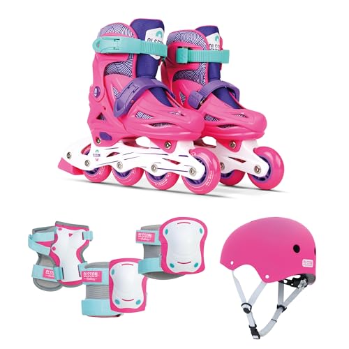 OLSSON Kit Patines en Línea niño niña - Tallas 28-31 y 32-35 - Ajustables - Rodamientos 608Z - Ruedas 64/70mm - Homologado - Patines + Casco + Rodilleras + Coderas + Muñequeras (Rosa, 32-35)