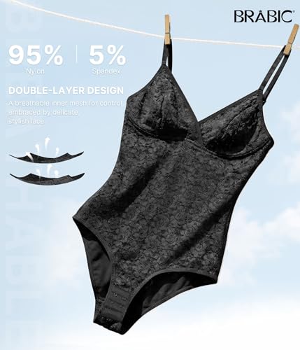 Image of BRABIC Lace Bodysuit for Women Tummy Control Shapewear Sleeveless Tops V-Neck Backless Camisole Jumpsuit Shaper