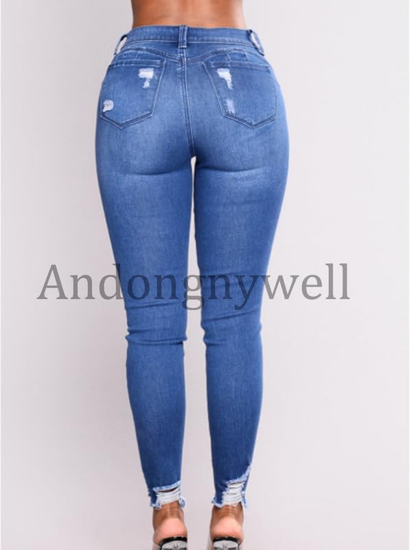 Andongnywell Women's Distressed Ripped Destroy Stretch Denim Pants Butt-Lifting Skinny High Waist Frayed Jeans4