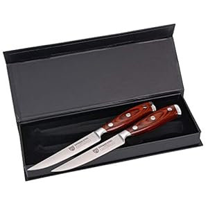 GRÄWE Steakbestekset, 2 steakmessen met scherp lemmet van Duits speciaal staal (Duits staal) en handvat van hardhout, steakbestek in zwarte geschenkdoos