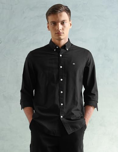 Image of Arrow Sport Solid Slim Fit Cotton Shirt for Men - Full Sleeve Mens Casual Shirts