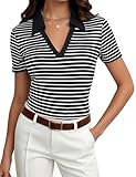 Meetrendi Womens Short Sleeve Business Casual Tops Summer V Neck Polo Work Shirts 2025 Fitted Basic Collared Shirt Black Striped