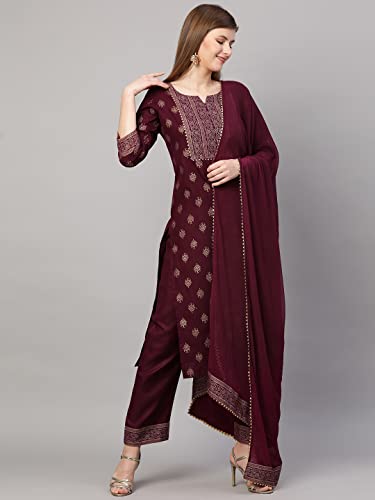 Image of GoSriKi Women's Cotton Blend Printed Straight Kurta with Pant & Dupatta