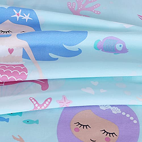 Mermaid Kids Duvet Cover, 100% Cotton 2 Pc Duvet Cover For Kids With Button Closure, Cute Cartoon Printed Bedding Set For Boys & Girls (Twin Size) #TOP5
