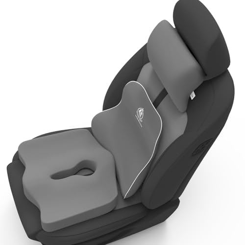 Image of MRRON Memory Foam Posture Corrector Car Seat Cushions Combo | Orthopedic Backrest, Coccyx Cushion & Neckrest | Ergonomic Lumbar Comfort Seat Cushion | Reduces Sciatica, (Grey, Long Back)