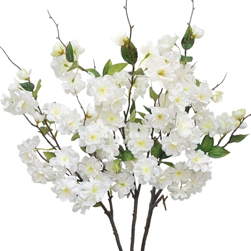 SHEPIN Lot de 3 branches de cerisier artificielles blanches - Longueur : 69 cm - Décoration de printemps - Pour composition florale et décoration d'intérieur (blanc)