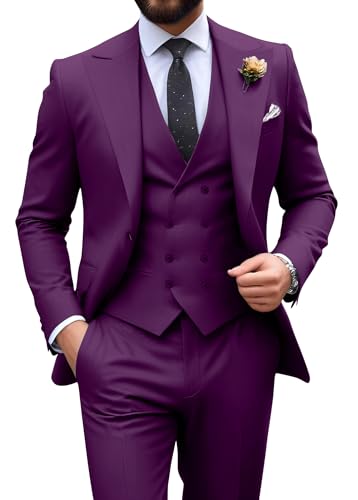 Image of Mens Suit Slim Fit 3 Piece Double Breasted Suit Men Formal Tuxedo Set Casual Wedding Prom Groom Suits