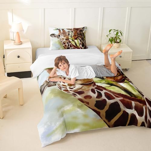 feelingyou Zwei Giraffen Bettwäsche-Set Grüne Baumblätter Bettwäsche Set 135x200cm Ölgemälde Betten Set für Kinder Jungen Mädchen Teenager… – Ansicht 3