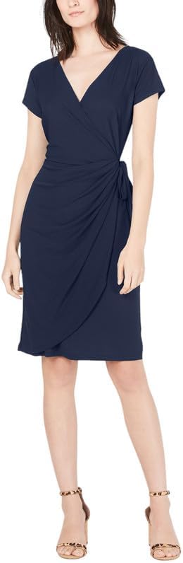 24seven Comfort Apparel Women's Faux Wrap Over Dress (Navy, Large)